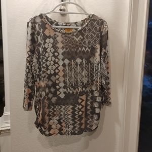 Ruby Rd Grey Pink Abstract Blouse Rhinestone Cross Neck Silver Studs Large L